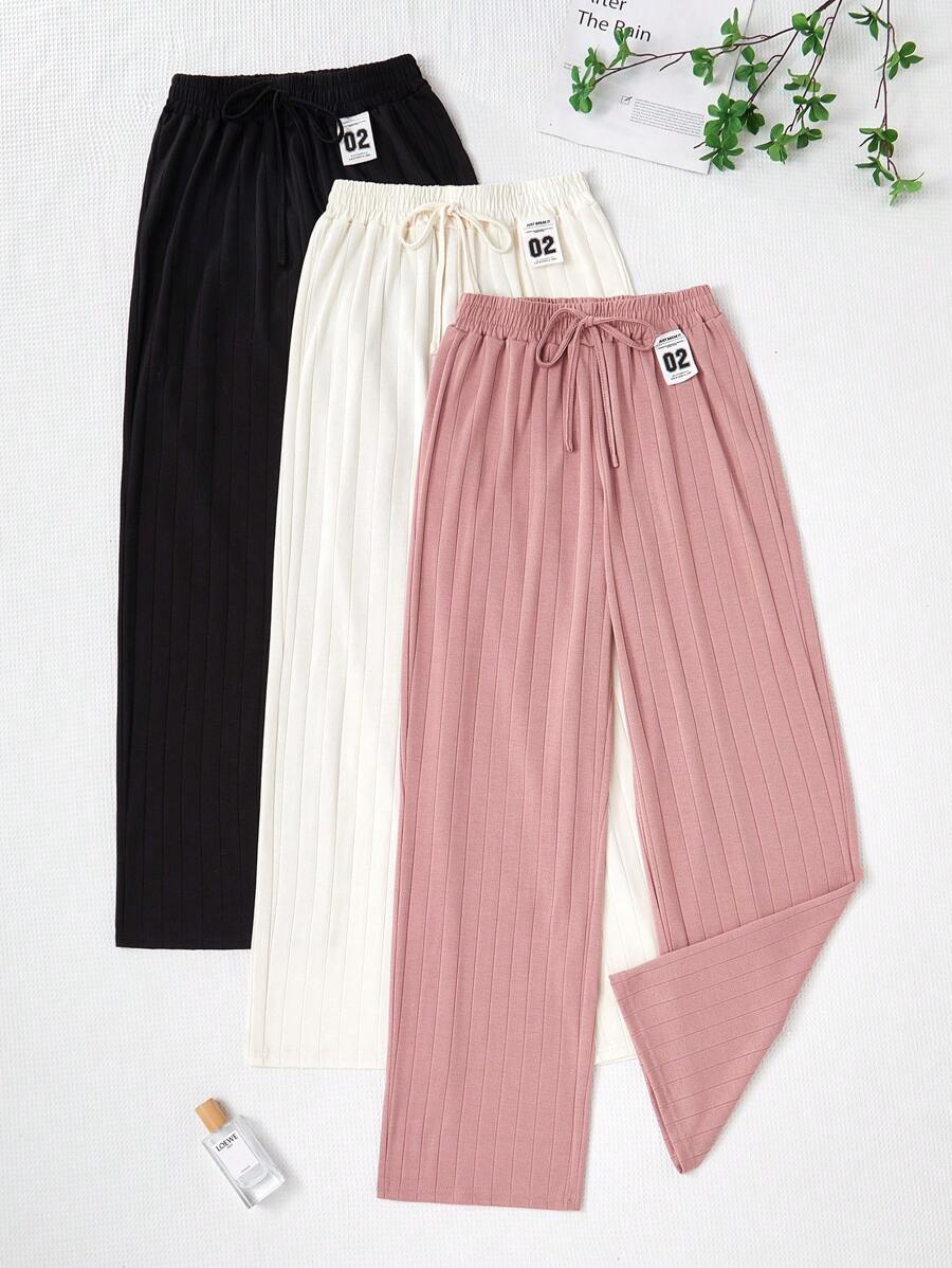 SHEIN 3件套高腰显瘦宽松休闲女式夏季长裤，秋季服装 - 彩色 - 查看 1