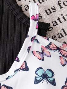 SHEIN 3 件装女婴夏季休闲纯色罗纹连体衣套装带蝴蝶装饰，无袖 - 粉色 - 查看 5