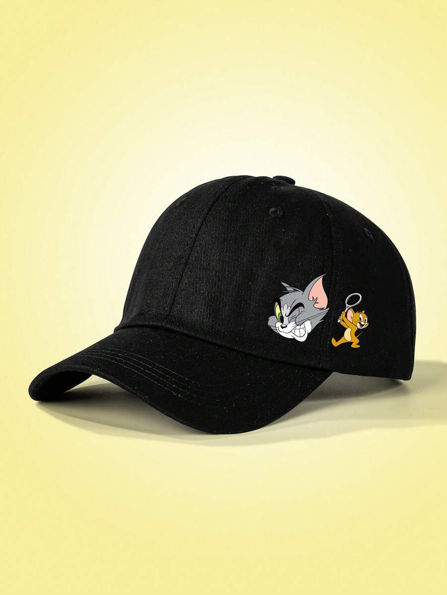 TOM & JERRY X SHEIN 1 pieza Gorra de béisbol con estampado de dibujos animados, básica y linda, unisex, adecuada para uso casual - Negro - Ver 1