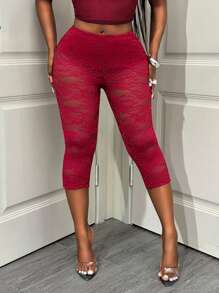 BamGleam 女士蕾丝透明弹力 3/4 长紧身裤 - 紅色 - 查看 4