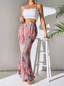 Celisse Spring And Summer Casual Pleated Elastic Waist Fish Tail Hem Long Skirt With Random Prints Maxi Skirt Fall Cloth For Women