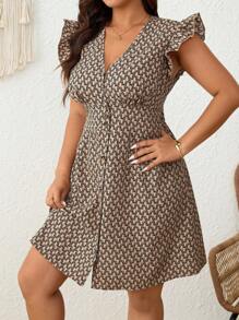 SHEIN Frenchy Abito casual con arricciatura in vita, stampa floreale e maniche a capp per vacanze, taglie comode