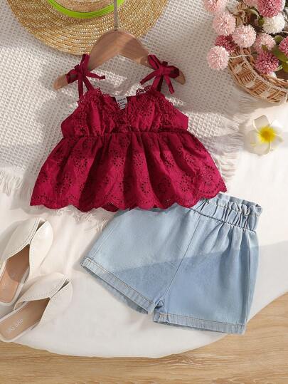 SHEIN Playful Pals Baby Girl Embroidered & Burnout Strap Tank Top And Shorts Set (Top Sold Separately)
