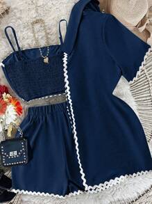 GlowEve 3 件套女士夏季休闲撞色吊带上衣、短裤和衬衫套装