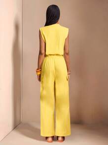 Zivah 2025 年新夏季系列 音乐节、复活节、圣帕特里克节、波西米亚风、西部风、婚礼、生日派对、毕业典礼、学生、休闲、度假、巡游、海滩、日光浴、时尚、街头风格 女士无袖、中式领、前开襟、纽扣、抽绳腰部、交叉口袋、踝长、可调节连体裤、黄色 - 黃色 - 查看 7