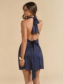 SHEIN BAE Vestido mini de mujer con tirantes anudados, escote halter y espalda descubierta, con estampado de lunares, de estilo minimalista y versátil para el verano