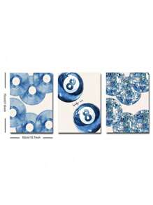 3 件套无框蓝色幸运台球迪斯科球黑胶唱片复古海报极简主义学院风艺术美学帆布画印刷时髦墙壁画适用于客厅、卧室、宿舍、公寓、起居室、现代家居装饰 - 彩色 - 查看 3
