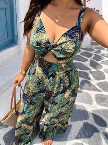 SHEIN VCAY 大码热带印花扭纹镂空连体裤，休闲度假 - 彩色 - 查看 4