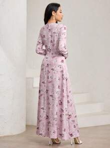 Veilorie Women's Floral Print Long Sleeve Ruffle Hem Arabic Style Dress,Modest - Multicolor - View 6