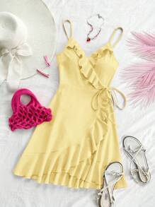 Soleia 夏季假期女士休闲玫瑰红色纹理面料腰带荷叶边饰边裹身结侧 A 字吊带连衣裙