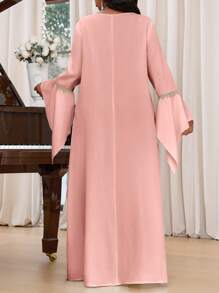 Fleurora 春夏秋冬优雅通勤办公室白色针织 V 领舞会礼服荷叶边带 A 字裙长袖长袍阿拉伯连衣裙大码连衣裙优雅女装高档服装女士夏季服装女士春节服装朴素连衣裙长袍 - 粉色 - 查看 2