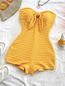 Soleia 女士春夏度假黄色针织纹理前系带露背连体裤，修身，派对，约会，情人节，性感浪漫，狂欢节，海滩邮轮度假，下午茶 - 黃色 - 查看 3