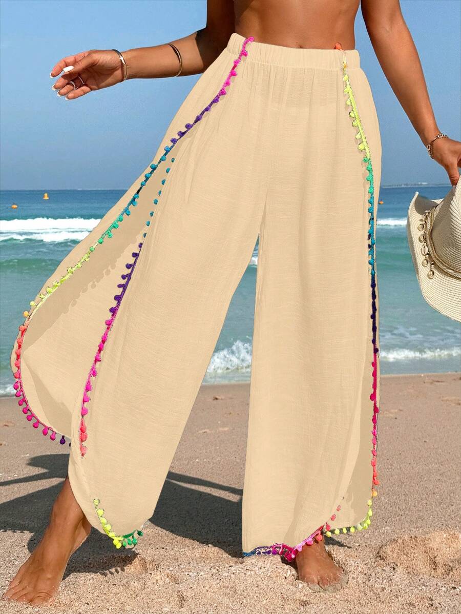 Swim Vcay 女士度假蓬松绒球装饰开衩下摆罩衫裤套装