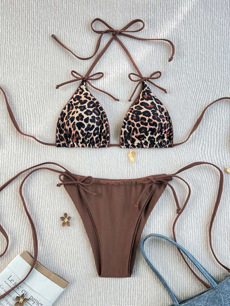 Swim Mod 2pcs Leopard Print Bikini Set, Featuring Spaghetti Strap, Bow Accent, Sexy Design For Women - Multicolor - View 1