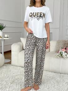 SHEIN Conjunto de pijama casual de pantalones y manga corta con estampado de leopardo y letra para mujer