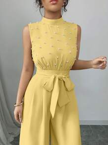 Elenzga Tuta elegante con collo alto, in vita stretta, con smanicato, decorata con perle, color albicocca, adatta come abbigliamento da donna per concerti, eventi eleganti, cerimonie, e per uso quotidiano e pendolarismo, comoda, con gamba ampia, adatta per le stagioni primavera, estate, autunno, inverno