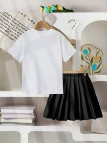 SHEIN 2 件套女孩休闲可爱蝴蝶结 T 恤和百褶裙套装，粉色，校园风格，大码 - 黑色 - 查看 3