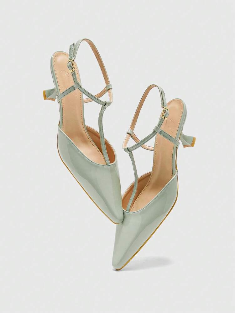 CUCCOO BIZCHIC Fashionable Glossy Mint Green Ankle Strap Classic Style Comfortable Low Heel Pointed Toe Pumps, Versatile For Casual, Date, Party, Holiday, Wedding For Christmas Spring Shoes