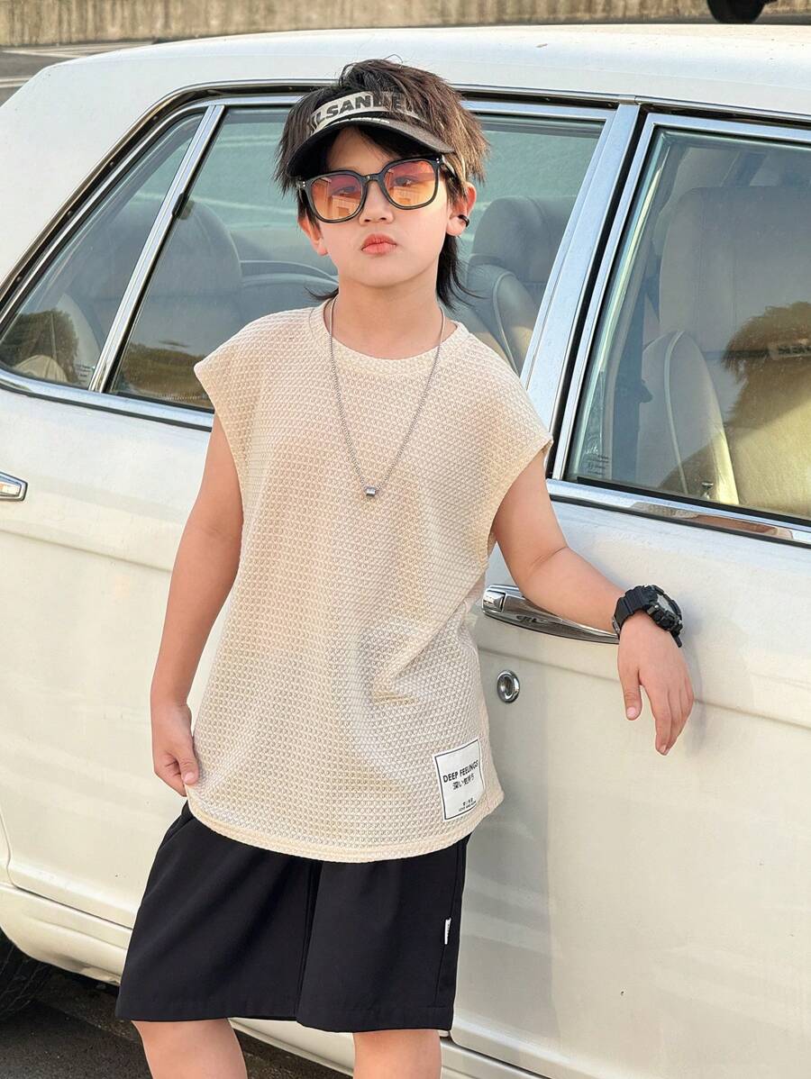 Tween Boy Oversized Casual Comfortable Versatile Soft Waffle Textured Letter Graphic Round Neck Tank Top, Suitable For Daily Wear, Outdoor Play, School, Street Style, Party And Home Leisure - Khaki - View 1