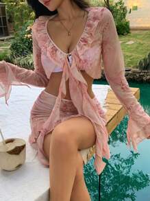 DAZY Women Summer Beach Floral Print Mesh Flare Sleeve Top And Mini Skirt Set,Ruffle - Pink - View 1
