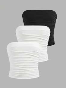SHEIN Tween Girls 3pcs Seamless Ruched Non-Slip Strapless Tube Top - Black and White - View 1