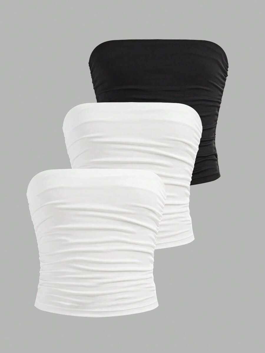 SHEIN Tween Girls 3pcs Seamless Ruched Non-Slip Strapless Tube Top - Black and White - View 1