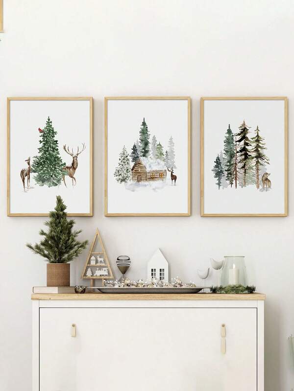 Conjunto de 3 cuadros de lienzo con estampados navideños - Arte de pared invernal, impresión de renos y lobos en el bosque - Decoraciones navideñas sin marco
