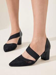 CUCCOO CHICEST Women's Summer New Lace Mesh Breathable Elastic Pointed Toe Chunky Heel Elegant Graceful Lace Wedding Black High Heels, Hollow Slip-On Formal Party Banquet Guest Dress Shoes - Black - View 5