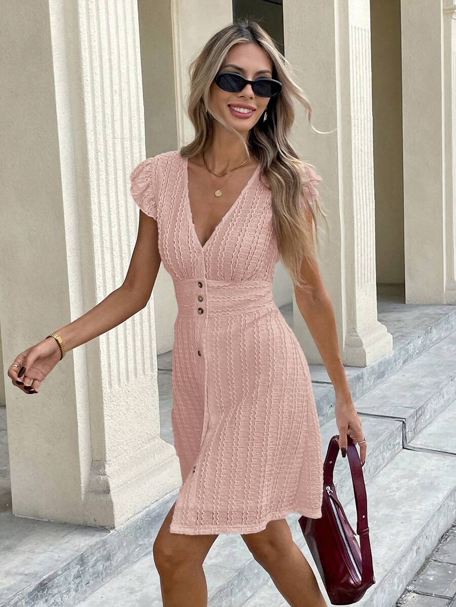 Serisse Đầm cài nút họa tiết trơn màu mùa hè giản dị - Hồng - Xem 1