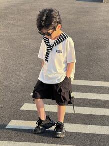 Jungen Lässiges koreanisches, charmantes Markenlogo Muster Rundhals Kurzarm gestreifter Pullover T-Shirt, geeignet für Pendeln, Schule, Alltag, Reisen, Sport, und passend für Frühling, Sommer, Herbst, Winter