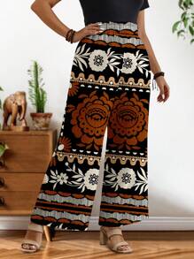EMERY ROSE Plus Size Casual Retro Pattern Pants, Suitable For Summer - Black - View 6