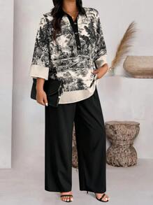 SHEIN LUNE Plus Size Random Print Elegant Long Sleeve Top And Solid Color Long Pants 2 Pieces Set - Multicolor - View 3