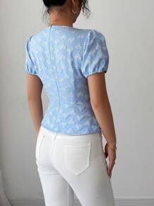 Elenzga Blusa de manga corta de malla transpirable con estampado de corazón bohemio, corte slim para mujer, para vacaciones de verano - Azul - Ver 2