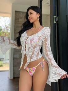 DAZY Women's Ruffled Hollow Lace-Up Bell Sleeve Fitted V-Neck Long Sleeve Lace Cardigan, Suitable For Beach Resort Vacation - White - View 7