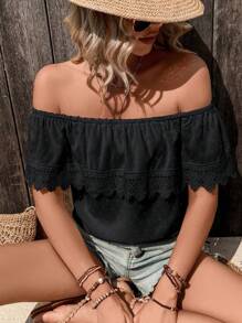 Breezaya Women's Off Shoulder Contrast Lace Swiss Dot Blouse, Summer - Black - View 4