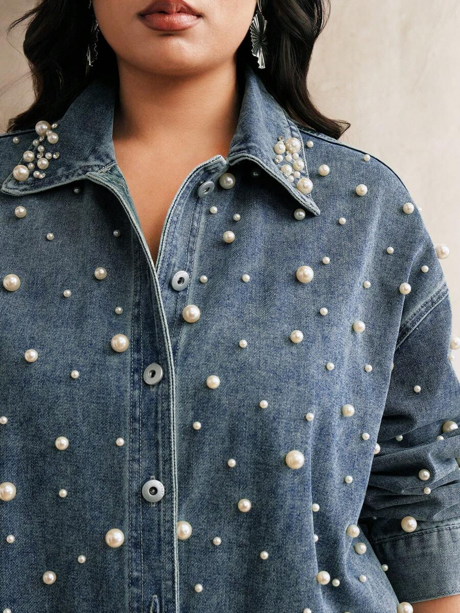 Anewsta Blusa de cárdigan largo decorada con cuentas y cristales, de estilo elegante, casual y de vacaciones para mujer, tallas grandes, para primavera/verano - Azul - Ver 1