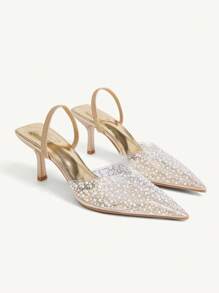 CUCCOO HITCHD 女士珍珠和水钻透明塑料带金色尖头细高跟封闭式鞋头一脚蹬凉鞋，性感优雅 - 金色 - 查看 3