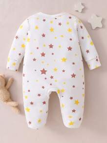 SHEIN Baby Boys' Comfortable White Base Cute Star & Cartoon Bear Print Snap Front Long Sleeve Footie Pajamas - Khaki - View 2