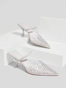 CUCCOO SZL Women's Transparent Crystal Clear Glass Embellished White Pointed Toe Backless High Heel Sandals, Sexy & Elegant - White - View 2
