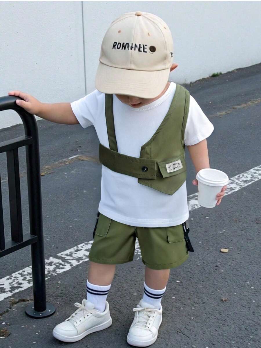 Set 3 buc ținută de vară pentru bebeluș băiețel - tricou cu mânecă scurtă, pantaloni cargo, vestă, la modă și perfectă pentru joacă în aer liber