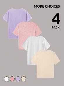 SHEIN Essnce Set de 4 camisetas de manga corta de cuello redondo en unicolor minimalistas y versátiles para mujeres, aptas para el verano