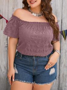 SHEIN Clasi Plus Size Women Holiday Solid Color Ruffle Off Shoulder Short Sleeve Fashion Blouse - Dusty Purple - View 4