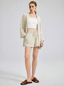 Ontre 2025 新款时尚条纹休闲西装外套，度假风格条纹 3/4 袖缺口领单排扣女士薄西装外套，春夏 - 杏色 - 查看 4