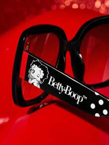 Betty Boop x SHEIN Large Frame Square Black Fashionable Eyeglasses, Polka Dot & Lip Print Versatile For Daily Wear, Comes With Storage Pouch, Suitable For Travel & Outdoor