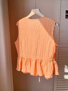 Comfortcana 女士橙色编织系带前无袖荷叶边休闲衬衫 - 橘色 - 查看 2