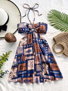 Soleia Cruise Festival, Easter, Valentine's Day Date Vintage Island & Seaside Graphic Print Halter Drawstring Hollow Waist Romantic Casual Vacation Summer Dress For Women - Multicolor - View 3
