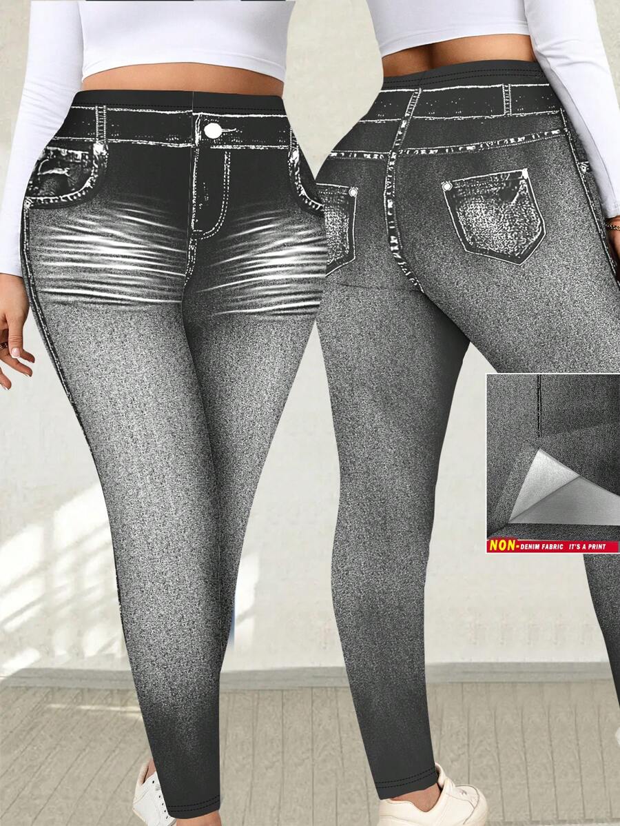 SHEIN LUNE Plus Size Stylish Sexy Denim Effect Print Women Skinny Pants - Multicolor - View 1