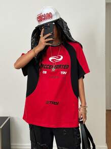 Coolane 女士夏季街头时尚运动时尚撞色休闲字母印花圆领插肩短袖宽松 T 恤