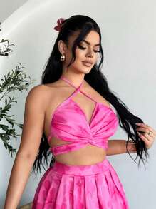 SHEIN SXY 女士度假扎染短款露背上衣和百褶迷你裙两件套，性感，女士春季服装，度假，女士套装，度假两件套，海滩度假服装，伊比萨岛服装，粉色，性感 - 彩色 - 查看 2