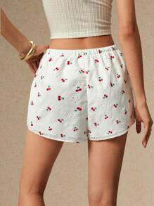 Poéselle Cute Cherry Print Eyelet Shorts - Perfect For Casual Summer Days And Easy Outfits,Women's Printed Shorts, Cherry Pattern Summer Shorts, Casual Summer Bottoms, Lightweight Beachwear, Floral Shorts For Women